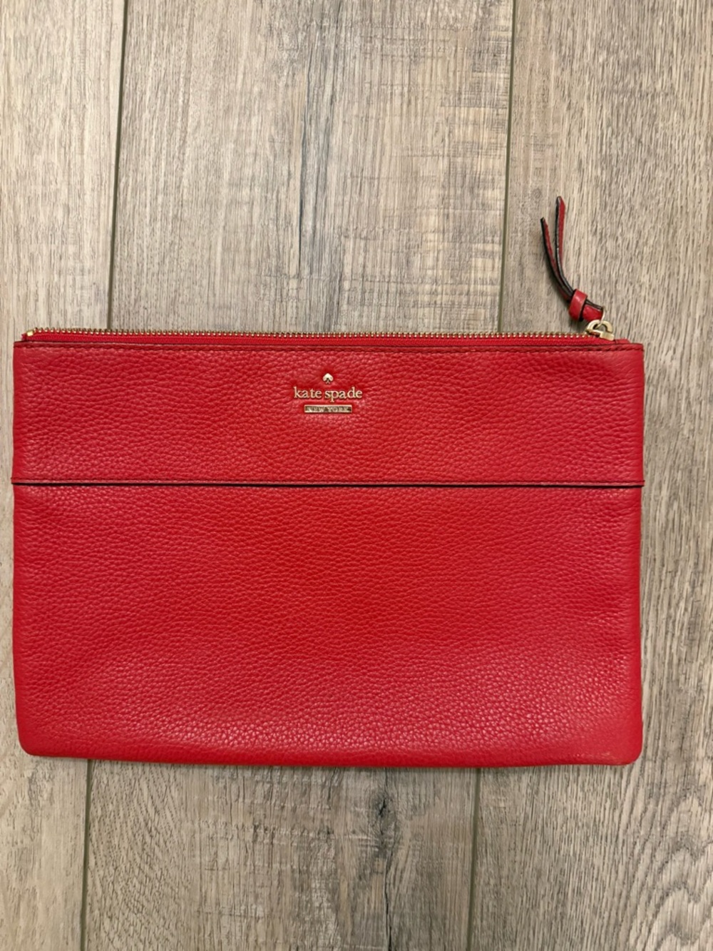 kate spade Red Pebbled Leather Zip Pouch with Gold Logo